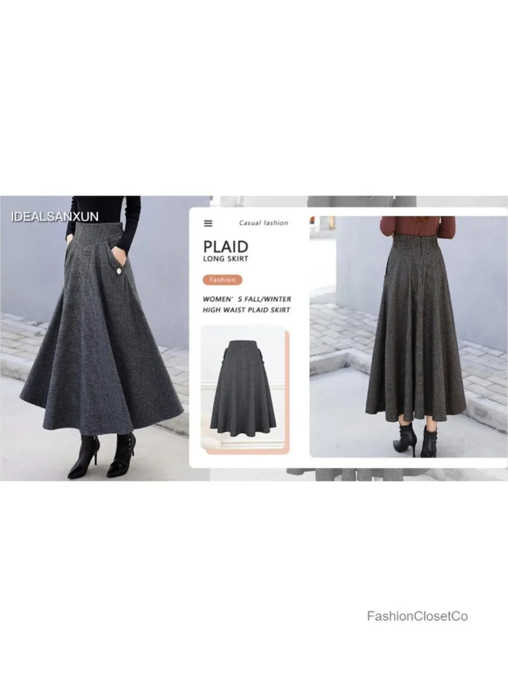 High Waisted Plaid A-Line Maxi Skirt Wool Blend Pleated